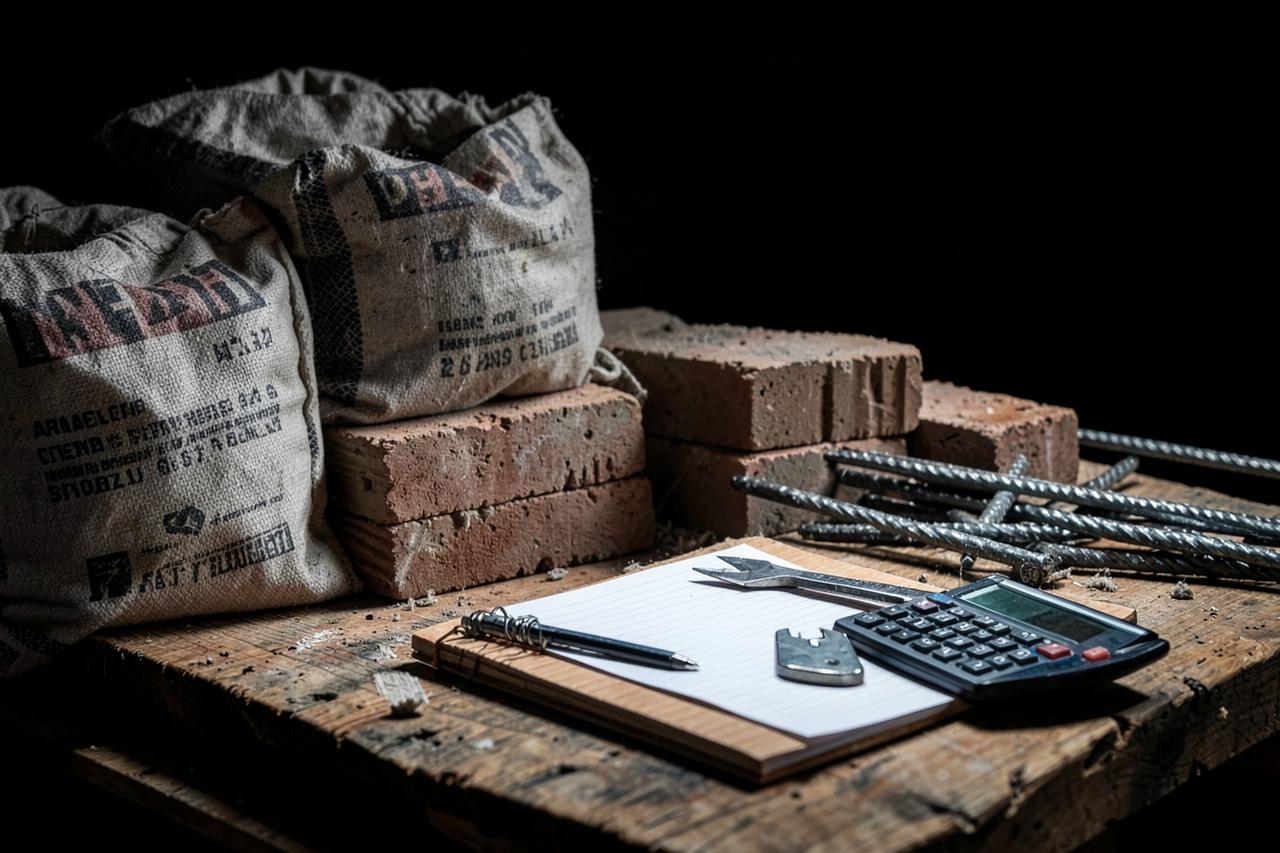 Materiais de construção, ferramentas, caderno e calculadora sobre uma bancada