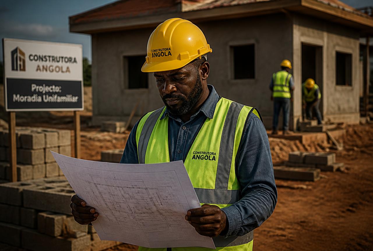 Empreiteiro com capacete a analisar plantas numa obra em Angola